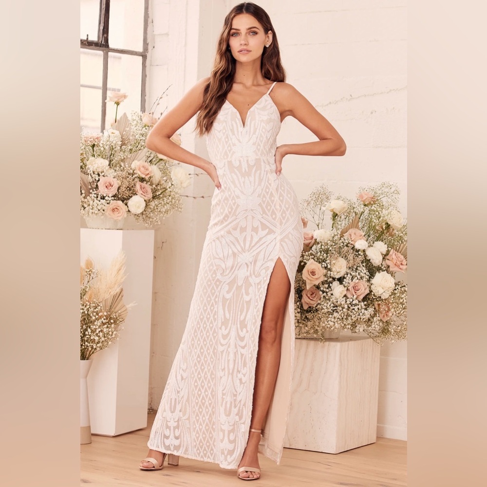 Lulus Elegant White Lace Maxi Dress with Side Slit